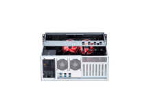 画像をギャラリービューアに読み込む, Ampere Altra Developer Rugged (AADR) back view show back interface ports and opening top cover show red led fan