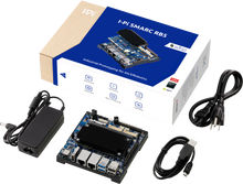 画像をギャラリービューアに読み込む, Product box including I-Pi SMARC RB5 dev kit (Qualcomm QRB5165 SoC), 110/220 VAC to 19VDC adapter, power cable 30 cm, and micro USB cable
