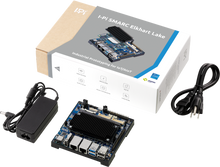 画像をギャラリービューアに読み込む, Product box including I-Pi SMARC Elkhart Lake (Intel 6th Gen. Atom x6425E quad core SoC) prototype dev kit, 110/220 VAC to 19VDC adapter, power cable 30 cm